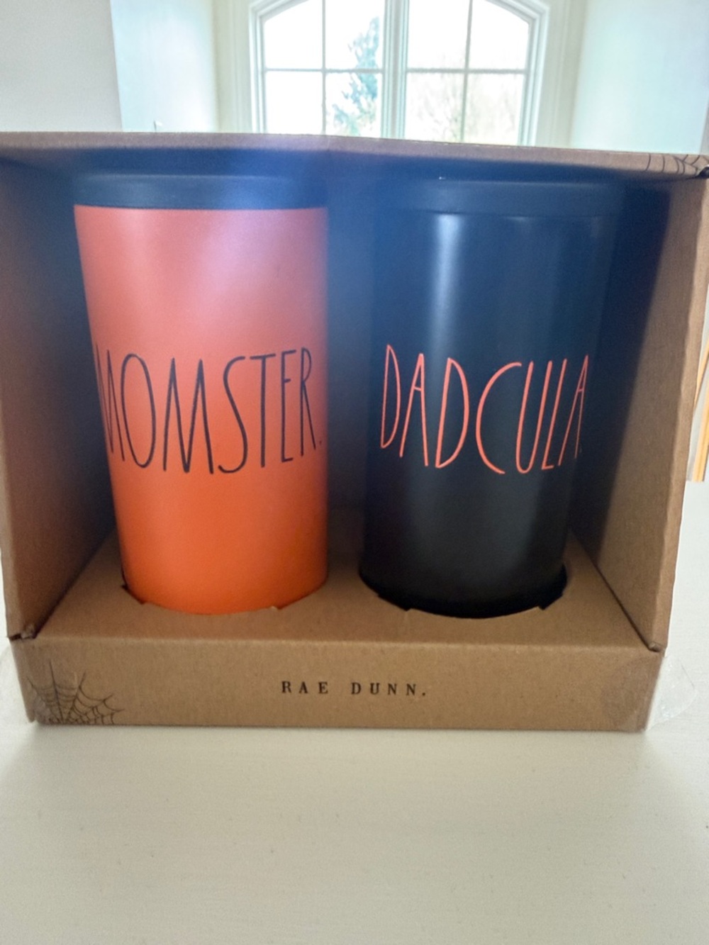 Rae Dunn Orange Momster & Black Dadcula Tumbler Set